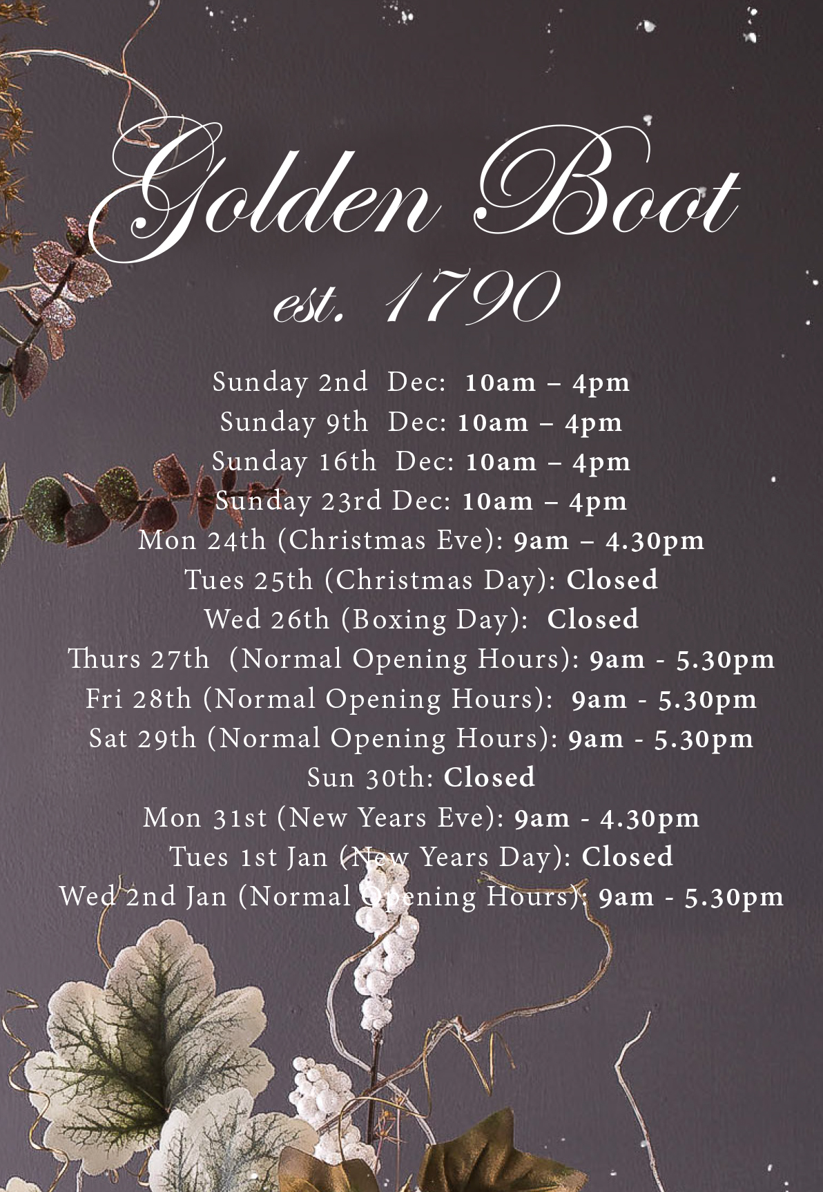Golden Boot Christmas Opening Times